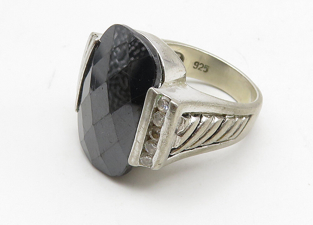 925 Sterling Silver  Vintage Hematite & Topaz Cocktail Ring Sz 6  RG10471