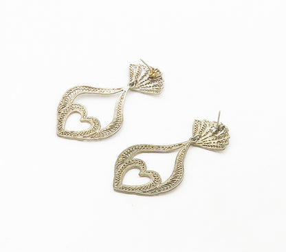 925 Sterling Silver  Vintage Filigree Open Love Heart Dangle Earrings  EG8472