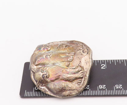 925 Sterling Silver Vintage Brooch Pin Solid Carved Lion Family  BP11037
