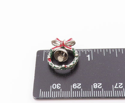 925 Sterling Silver  Vintage Christmas Wreath Bow & Bell Pendant  PT18823