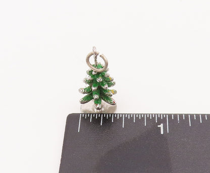 925 Sterling Silver Vintage Pendant 3D Carved Enameled Christmas Tree  PT23119