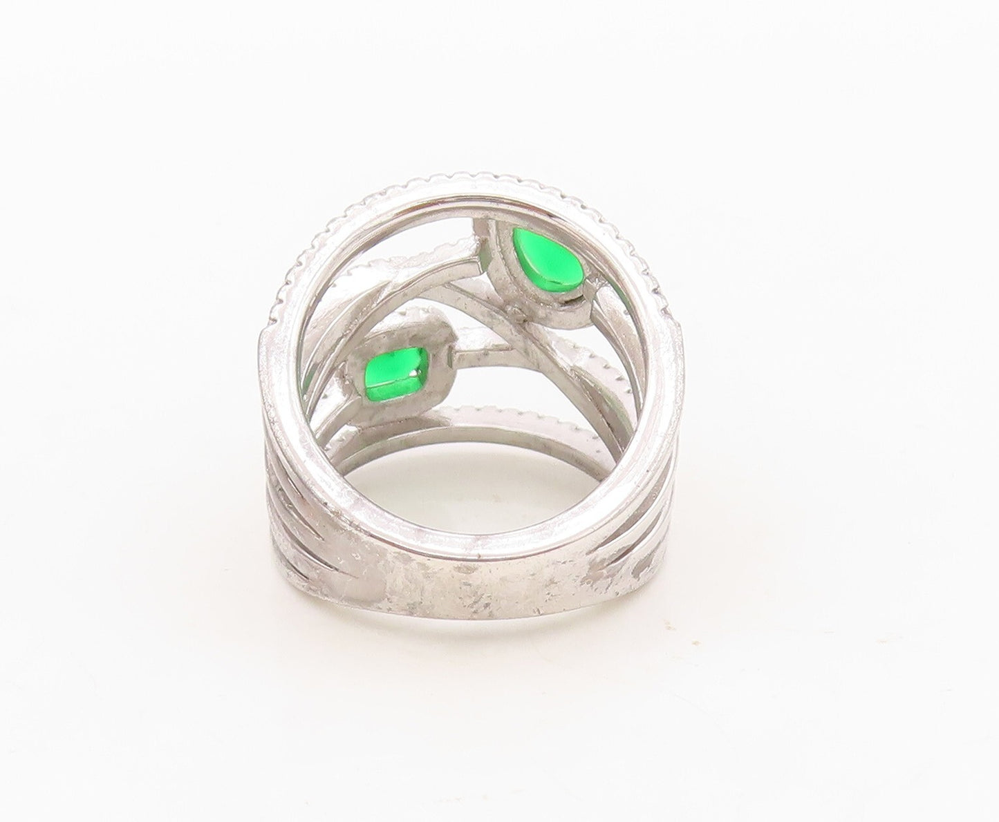 925 Sterling Silver Vintage Ring Cutout Band Green & White CZ Inlay Sz 7 RG30445