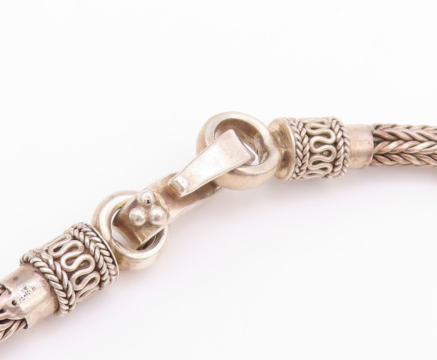 925 Sterling Silver Vintage Necklace BALI Carved Wheat Chain Beaded Rings NE4359