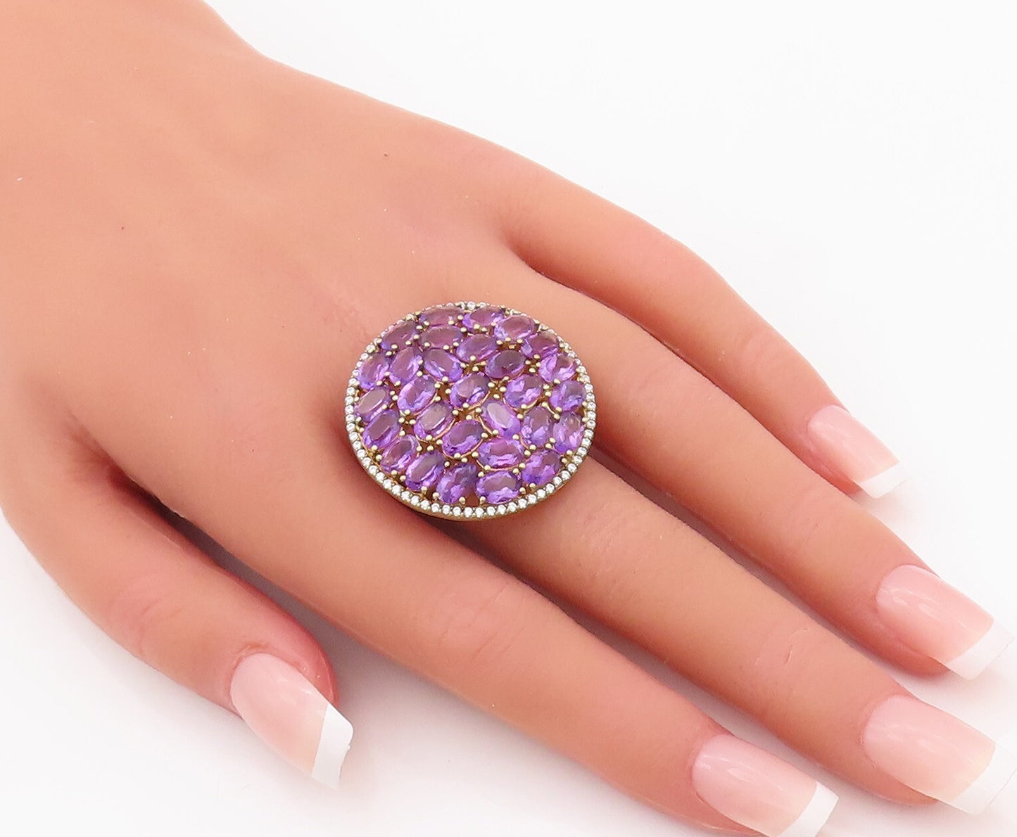 925 Sterling Silver Vintage Ring Gold Plated Oval Amethyst & CZ  Sz 7  RG29924