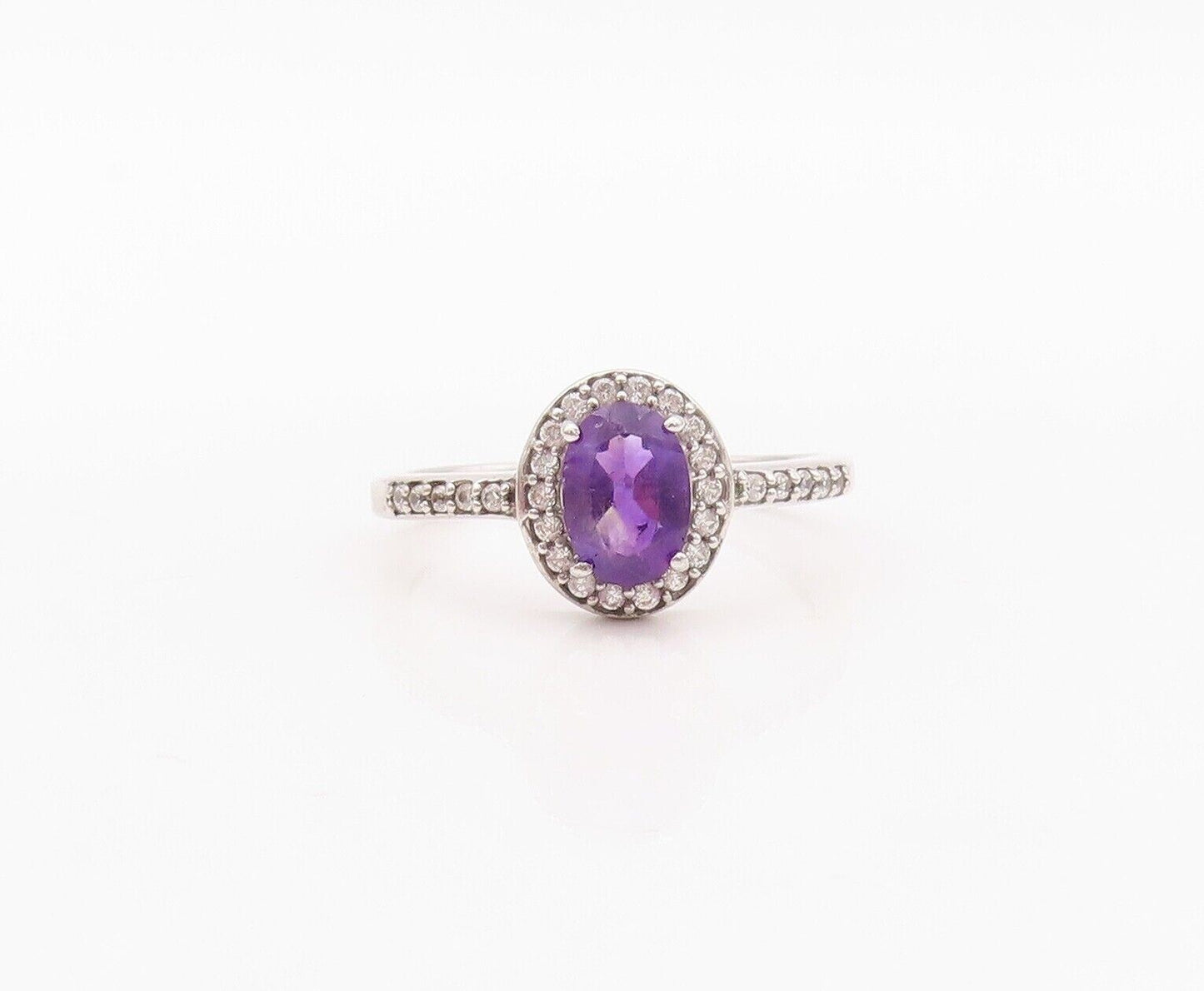 925 Sterling Silver Vintage Ring Oval Cut Amethyst Halo CZ  Sz 7  RG29949