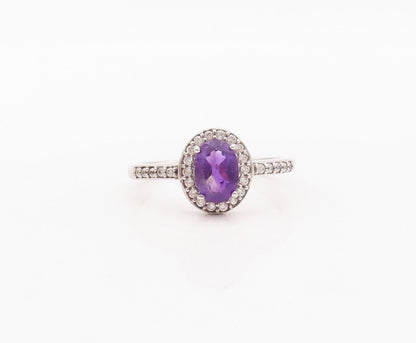 925 Sterling Silver Vintage Ring Oval Cut Amethyst Halo CZ  Sz 7  RG29949