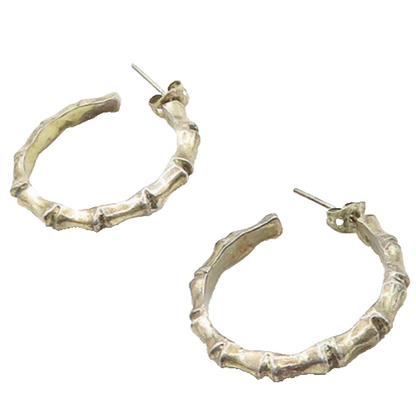 MEXICO 925 Sterling Silver  Vintage Dark Tone Bamboo Hoop Earrings  EG9747