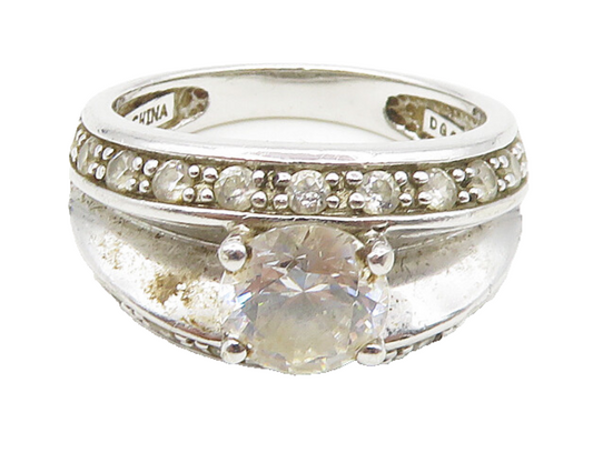 925 Sterling Silver  Vintage Cubic Zirconia Concave Band Ring Sz 5  RG18303