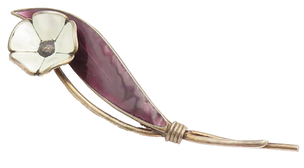 NORWAY 925 Silver  Vintage Solid White Flower Purple Leaf Brooch Pin  BP10491
