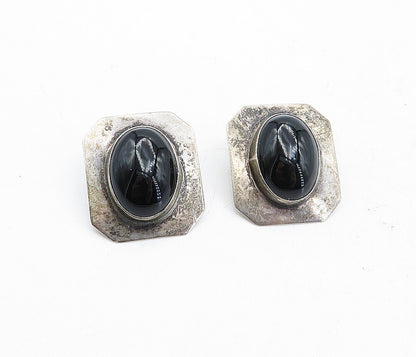 925 Sterling Silver  Vintage Cabochon Cut Black Onyx Drop Earrings  EG2364
