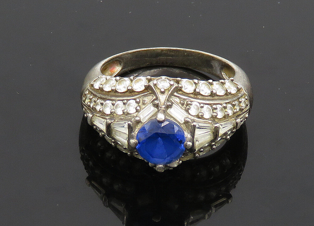 925 Silver  Vintage Blue Topaz & Cubic Zirconia Dome Band Ring Sz 8  RG19912