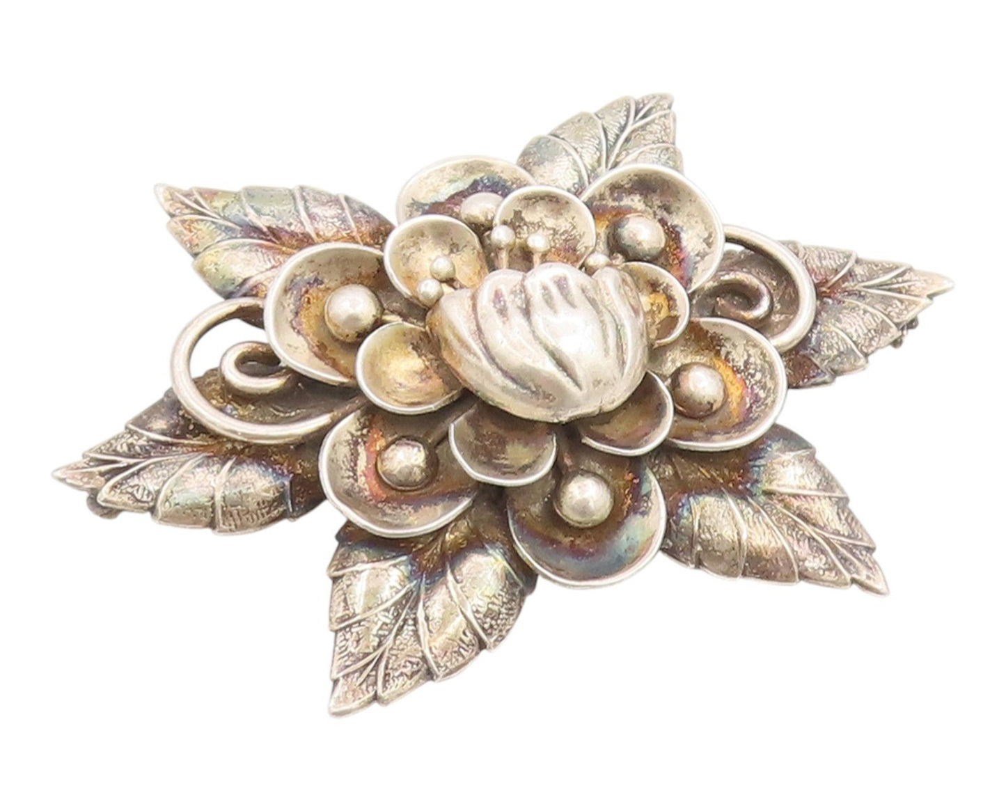 925 Sterling Silver Vintage Brooch Pin Carved Lotus Flower Blossom Motif BP12503