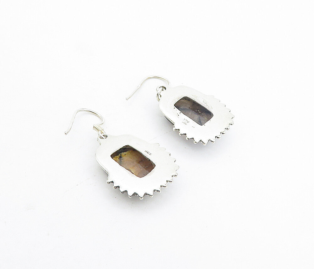 925 Sterling Silver  Vintage Agate Shiny Twist Border Dangle Earrings  EG3782