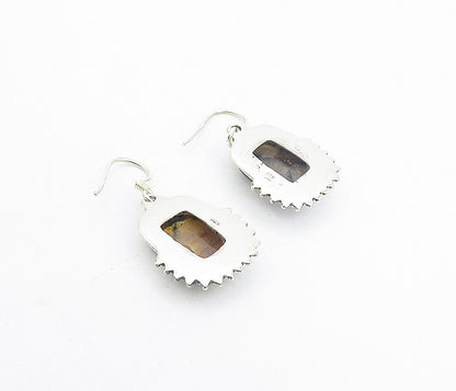 925 Sterling Silver  Vintage Agate Shiny Twist Border Dangle Earrings  EG3782