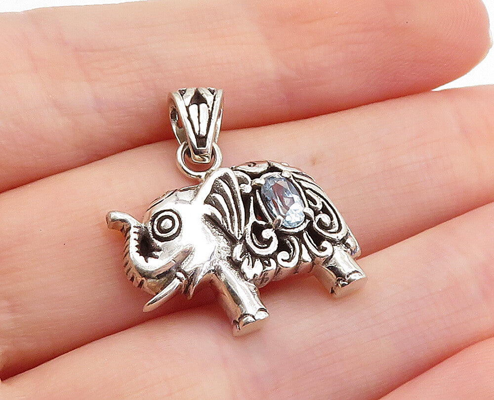 925 Sterling Silver  Vintage Blue Topaz Petite Swirl Elephant Pendant  PT5801