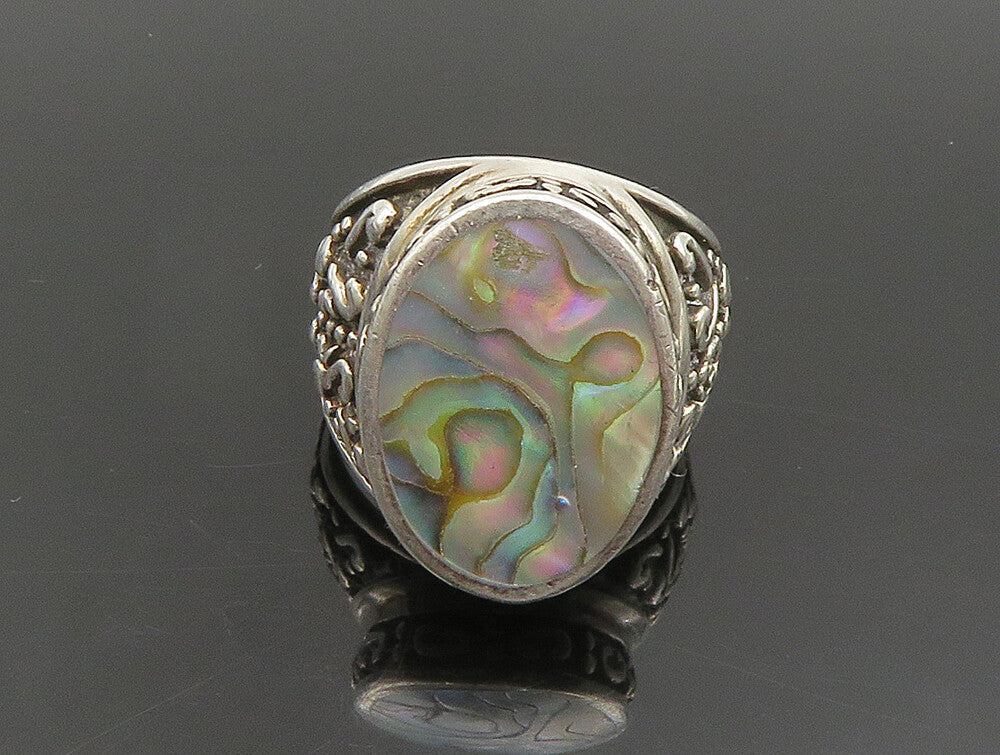 925 Sterling Silver  Vintage Inlay Abalone Scrolled Detail Ring Sz 6  RG24433