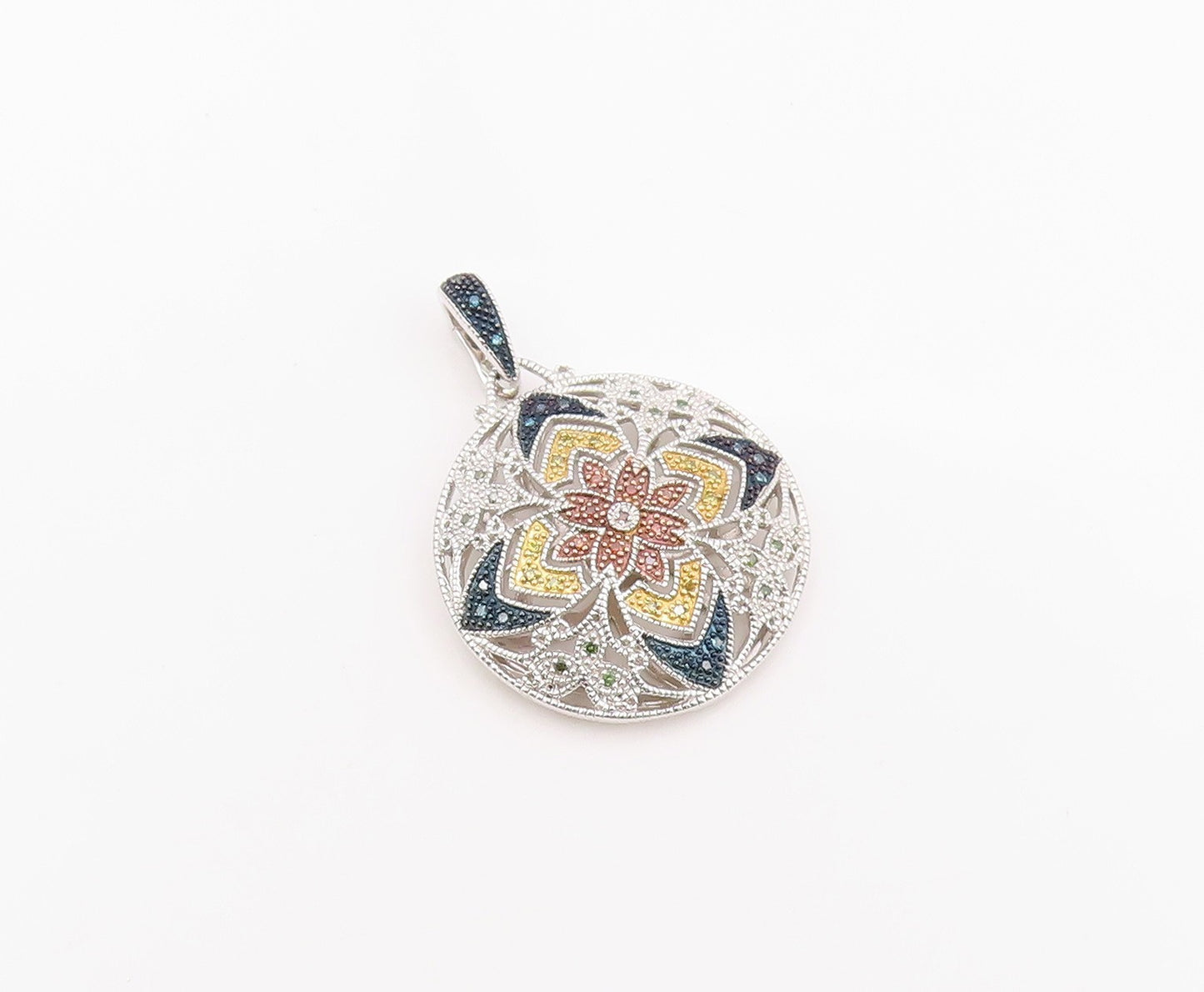 925 Sterling Silver Vintage Pendant Real Diamonds Floral Mandala  PT26241