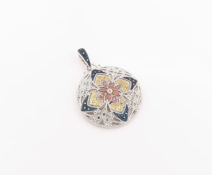 925 Sterling Silver Vintage Pendant Real Diamonds Floral Mandala  PT26241