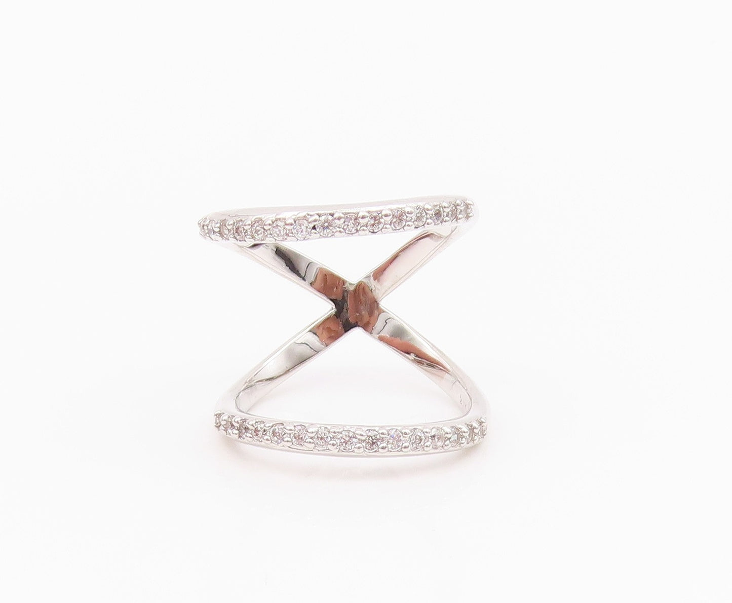 925 Sterling Silver Vintage Ring Modernist CZ Inlay Cutout Bands Sz 7.5  RG33098