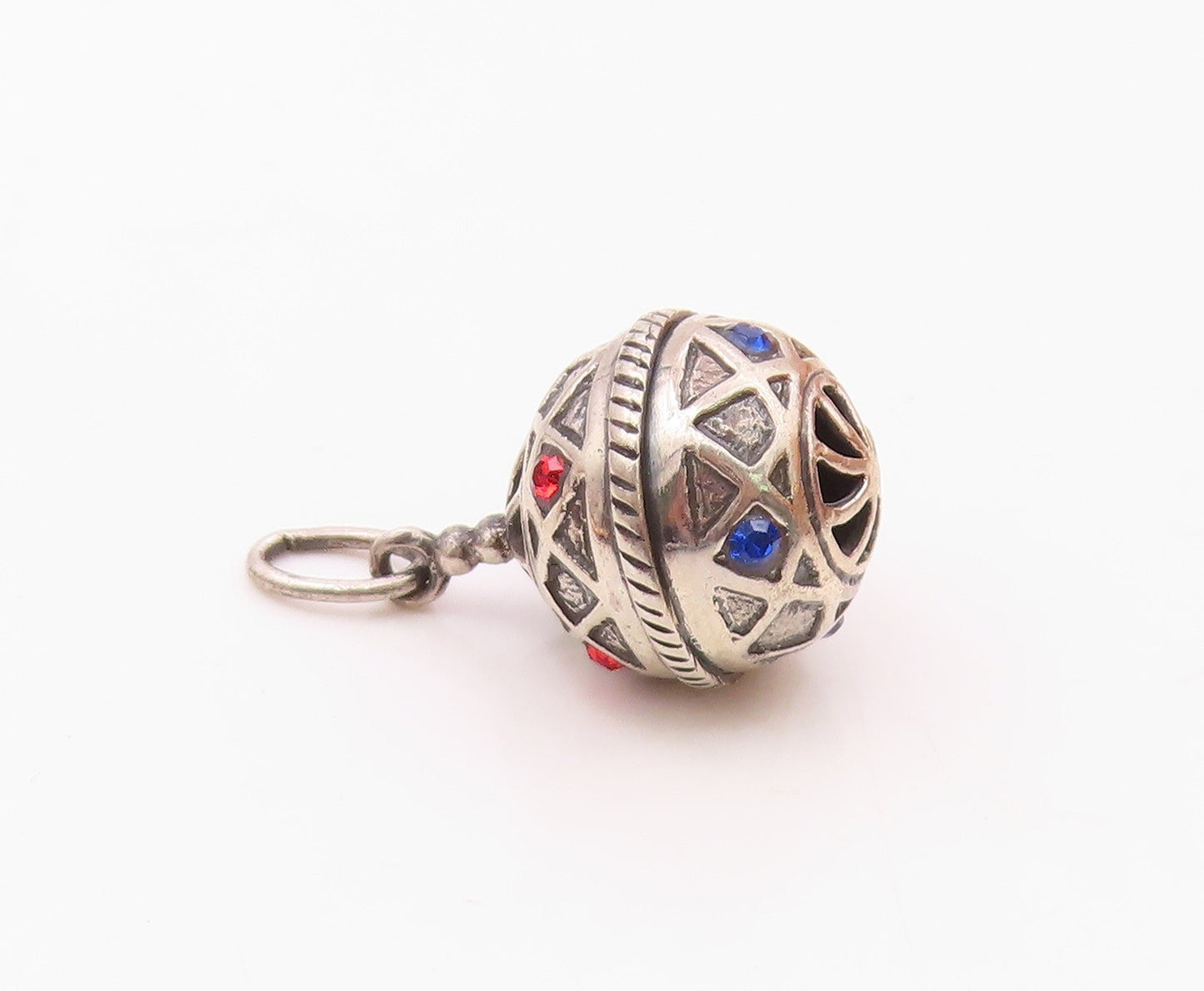 925 Silver  Vintage Triangle Pattern Red & Blue Spinel Sphere Pendant  PT20705