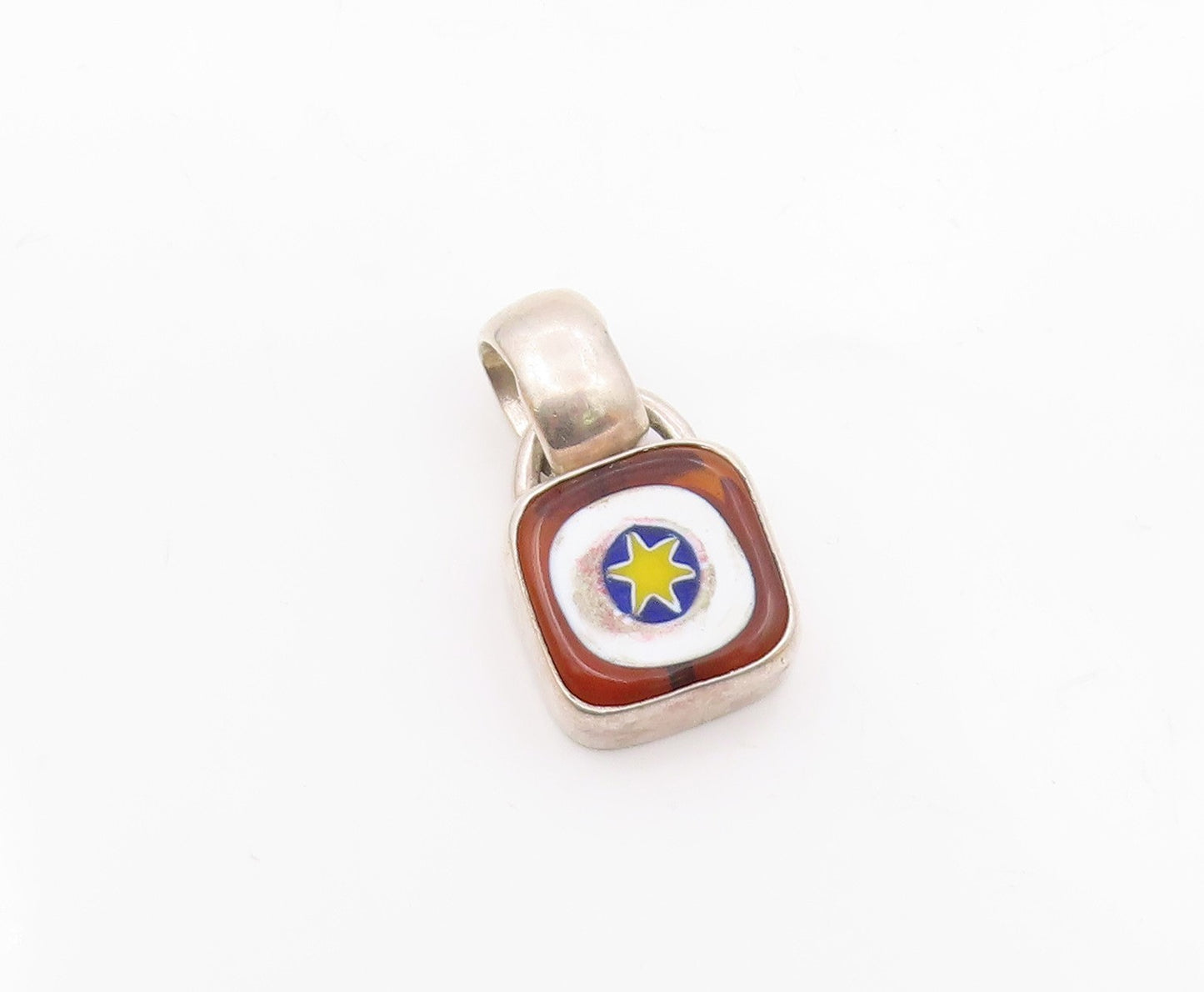 925 Sterling Silver  Vintage Enamel Art Wok On Square Amber Pendant  PT21306