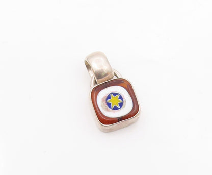 925 Sterling Silver  Vintage Enamel Art Wok On Square Amber Pendant  PT21306