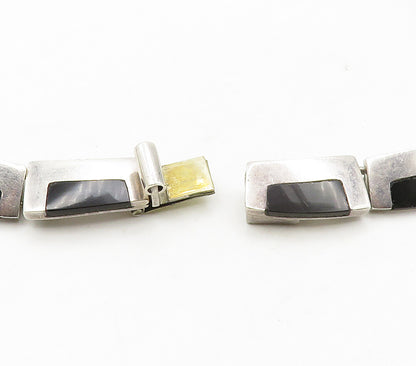 MEXICO 925 Sterling Silver Vintage Inlaid Stone Linked Collar Necklace  NE2603