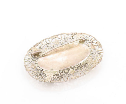 925 Sterling Silver Vintage Brooch Pin Dark Tone Swirly Carved Allah   BP11346