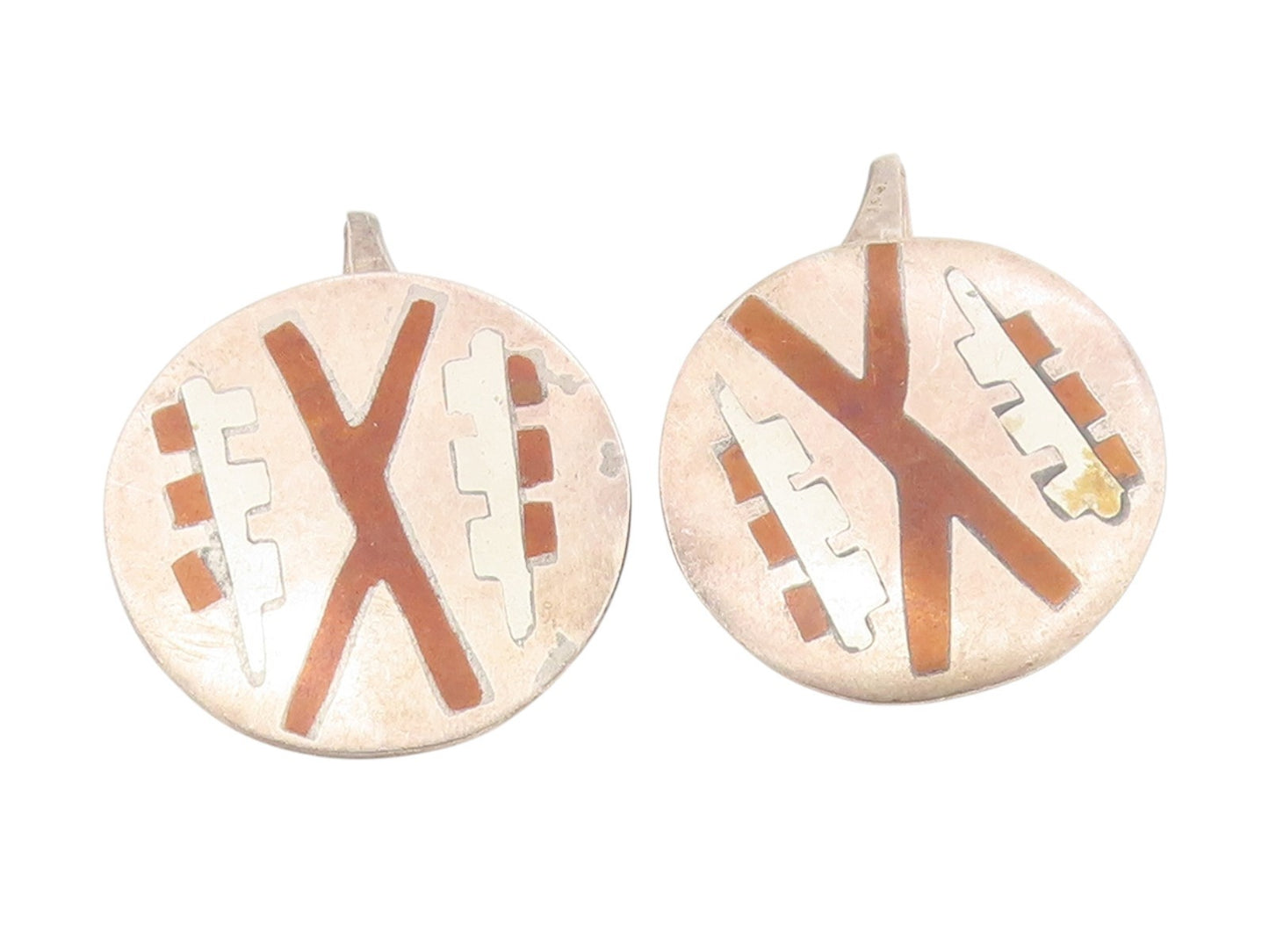 925 Sterling Silver Vintage Cufflinks TAXCO Aztec Geometric Inlay Discs  TR4190
