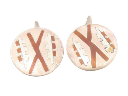 925 Sterling Silver Vintage Cufflinks TAXCO Aztec Geometric Inlay Discs  TR4190