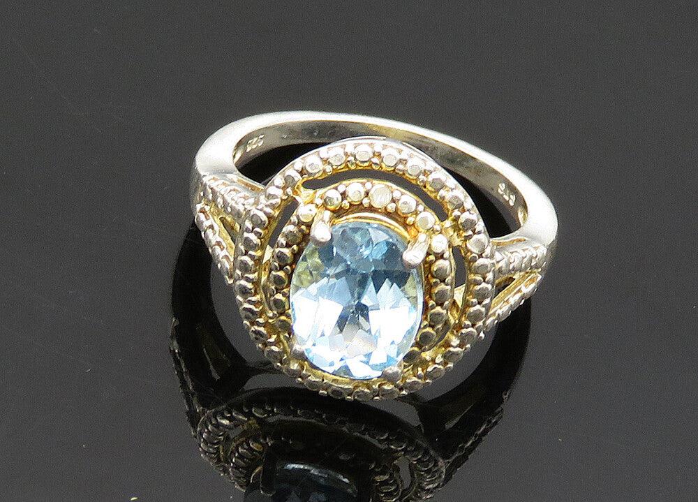 925 Sterling Silver  Vintage Blue Topaz Shiny Round Cocktail Ring Sz 6 RG20653