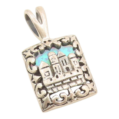 925 Sterling Silver Vintage Pendant Fire Opal Jerusalem Skyline Charm  PT26228