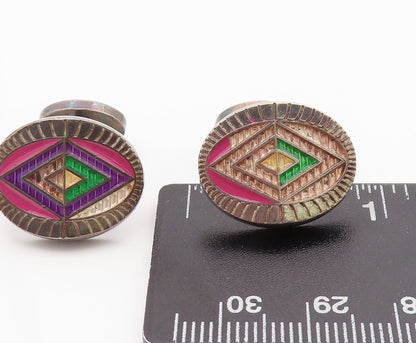 925 Sterling Silver Vintage Cuff Links ENGLAND Dark Tone Enameled Design  TR3855