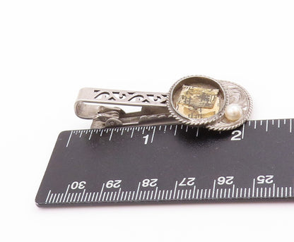 925 Sterling Silver Vintage Tie Clip Pearl Japanese Floral Swirly Design  TR4020