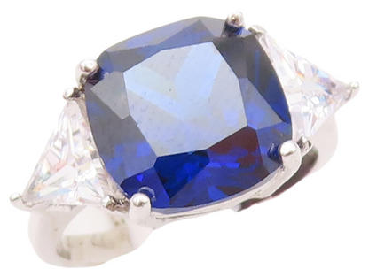 925 Sterling Silver Vintage Ring Square Sapphire & Triangle CZ Sz 7.5  RG30329
