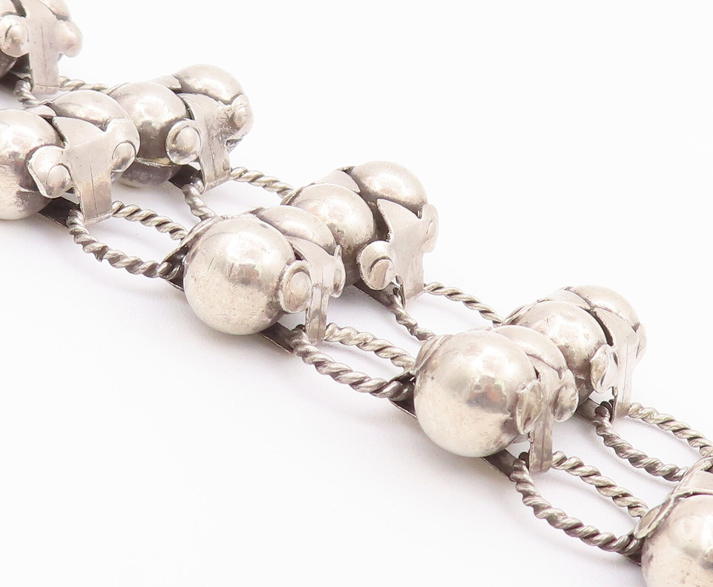 925 Sterling Silver Vintage Bracelet TAXCO Puffed Beaded Ring Links  BT10399