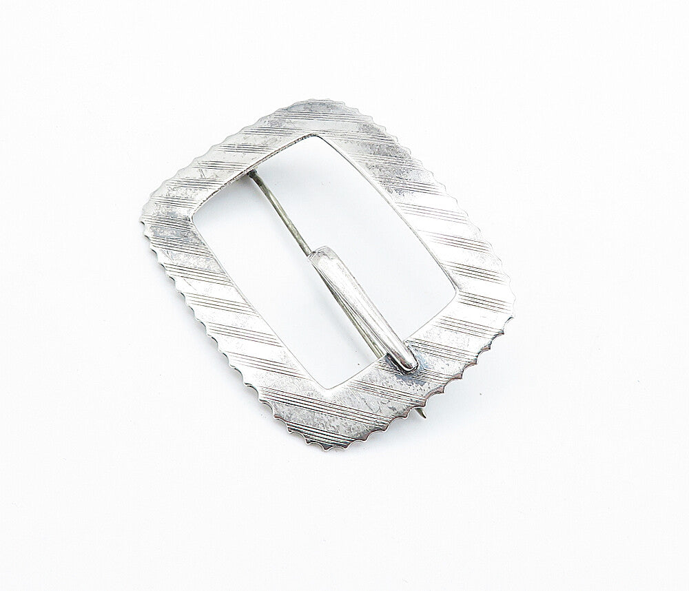 925 Sterling Silver  Vintage Shiny Etched Belt Buckle Motif Brooch Pin  BP2771