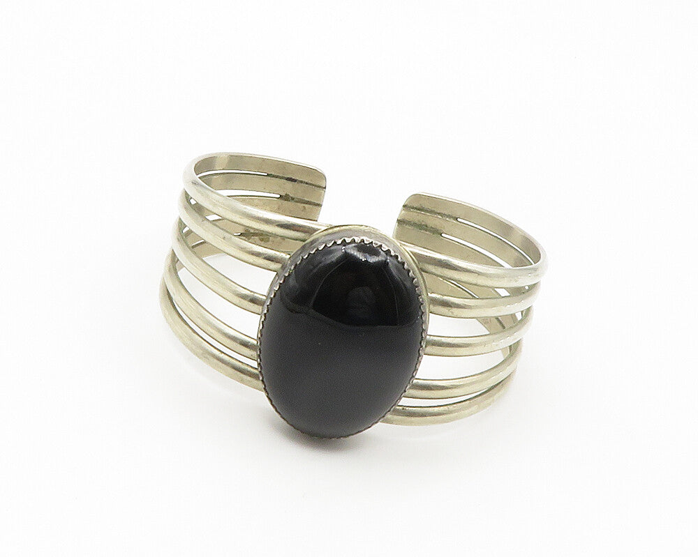 NAVAJO 925 Silver  Vintage Cabochon Black Onyx Split Cuff Bracelet  BT5695