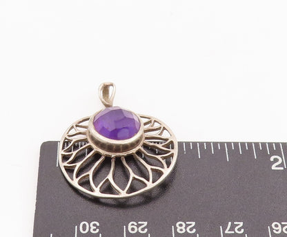 925 Sterling Silver Vintage Pendant Cutout Amethyst Round Flower  PT23296