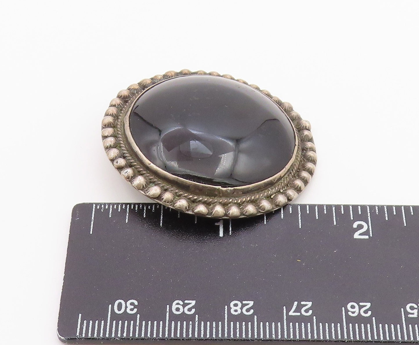 925 Sterling Silver  Vintage Cabochon Cut Black Onyx Round Brooch Pin  BP5121