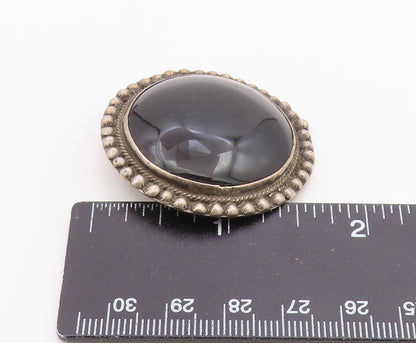 925 Sterling Silver  Vintage Cabochon Cut Black Onyx Round Brooch Pin  BP5121