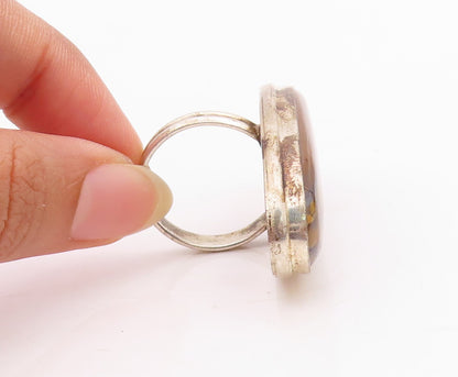 925 Sterling Silver Vintage Ring Modernist Large Oval Tiger's Eye Sz 9.5 RG31738