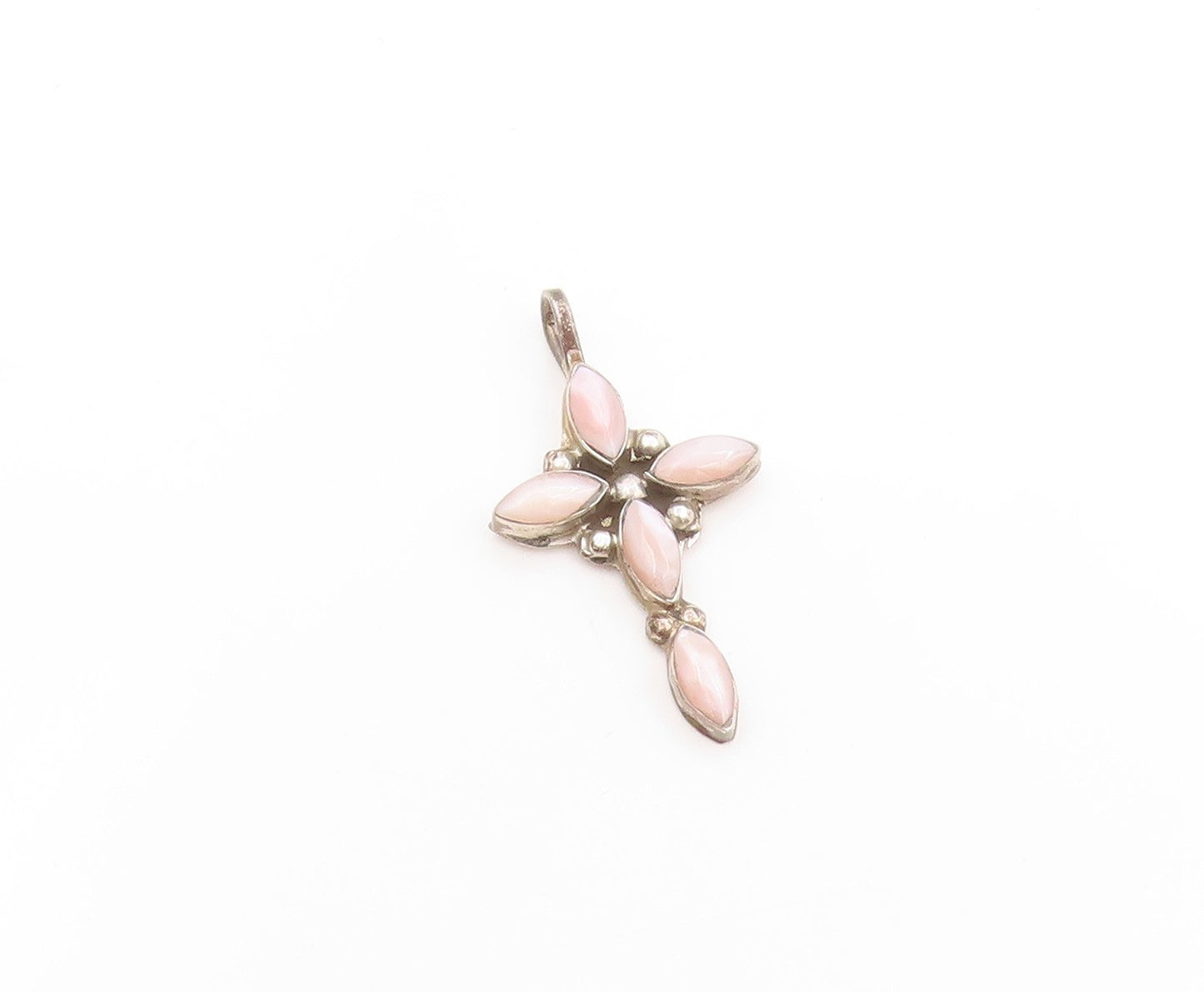925 Sterling Silver Vintage Pendant Marquise Cut Rose Quartz Holy Cross  PT26236