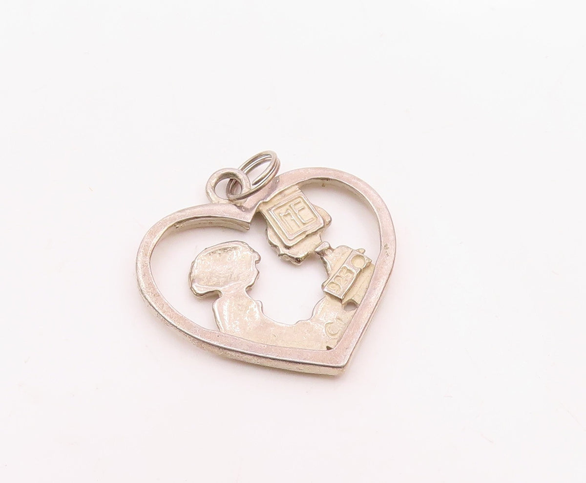 MARY ENGELBREIT 925 Silver  Vintage Mother & Daughter Heart Pendant  PT21820