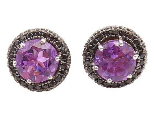 925 Sterling Silver Vintage Earrings Round Amethyst & Halo Spinel Studs  EG14146