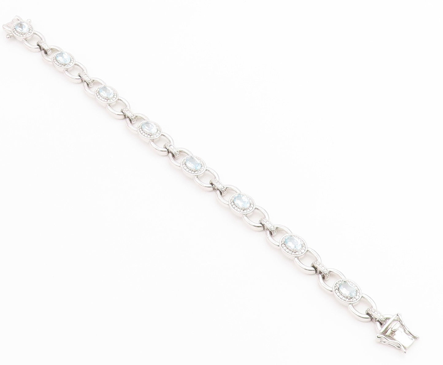 925 Sterling Silver Vintage Bracelet Oval Cut Blue Topaz Statement Chain BT12230