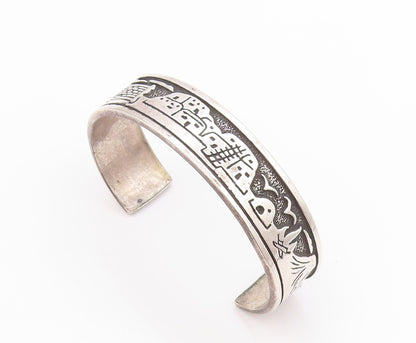925 Sterling Silver Vintage Bracelet NAVAJO Village Life Carved Cuff  BT11342