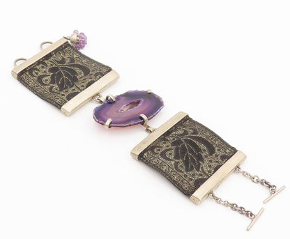925 Sterling Silver Vintage Natural Amethyst Large Stone Bracelet BT9883