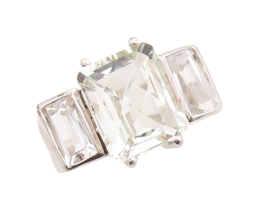 925 Sterling Silver Vintage Ring Rectangle Green Amethyst & Topaz  Sz 8  RG30012