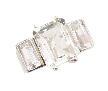 925 Sterling Silver Vintage Ring Rectangle Green Amethyst & Topaz  Sz 8  RG30012